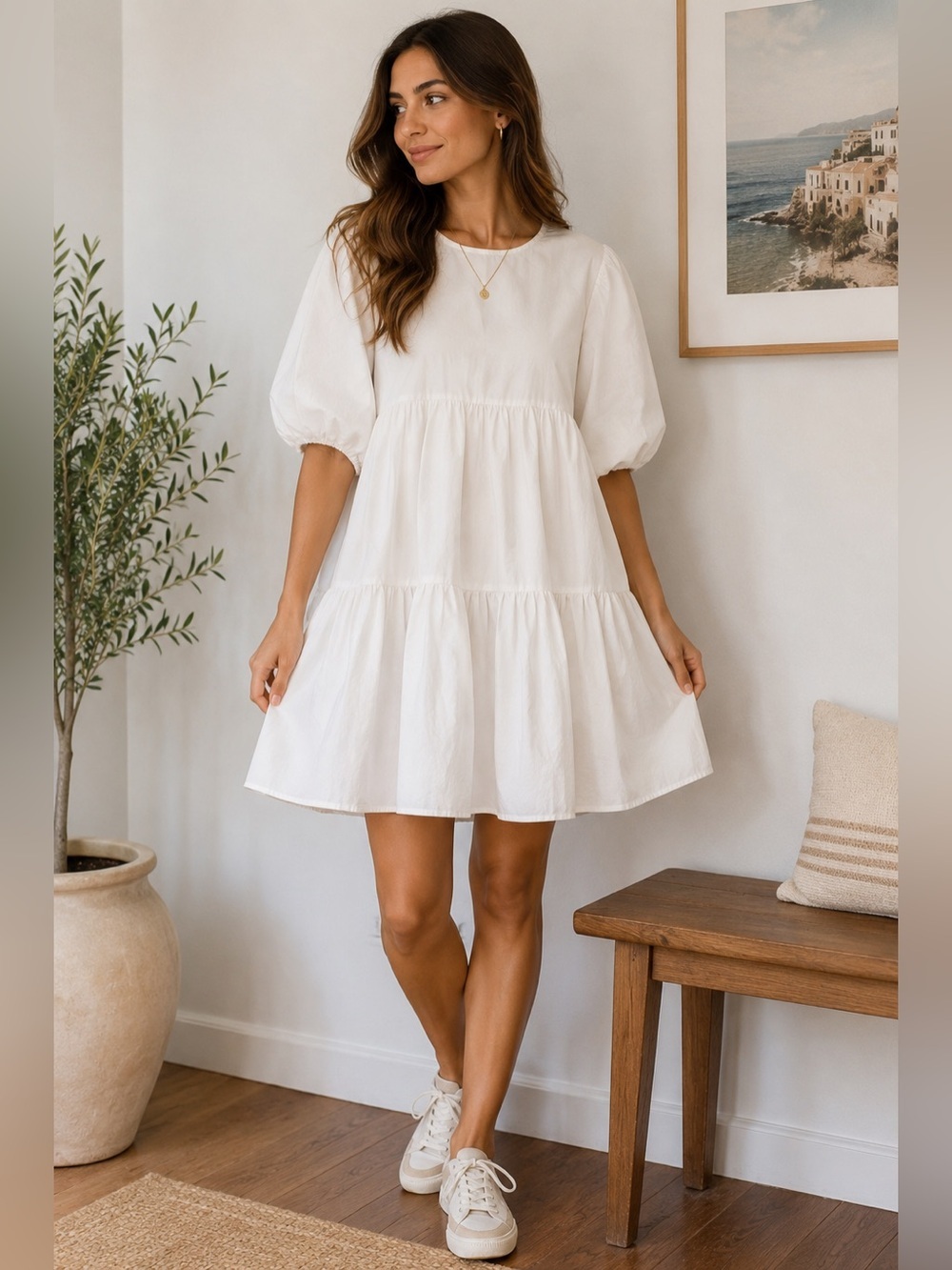 A New Day Cream Cotton Tiered Babydoll Dress XS Puff Sleeve Cottagecore